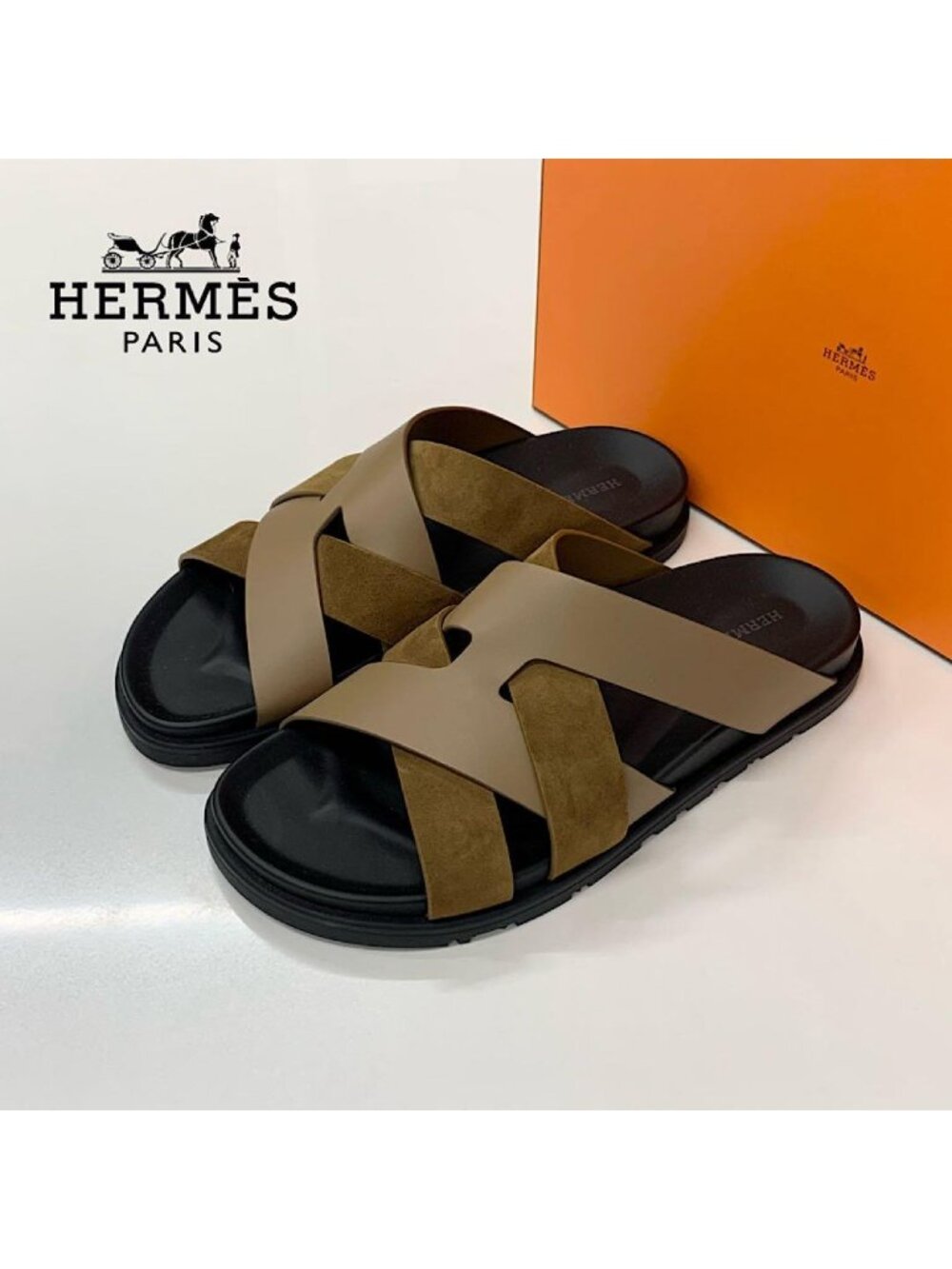 Hermes Casimir Leather Suede Flat Sandals Brown